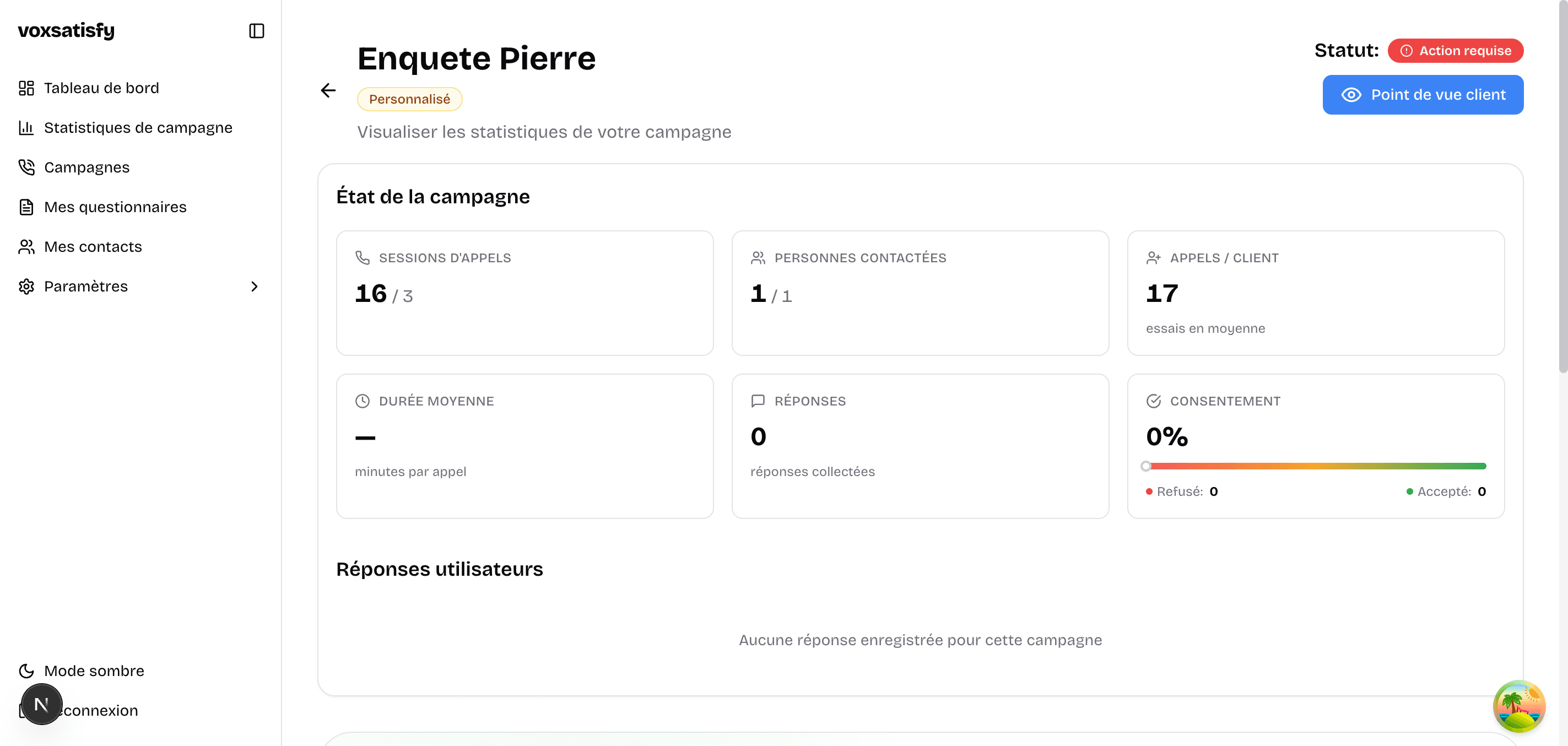 Aperçu des statistiques de campagne VoxSatisfy